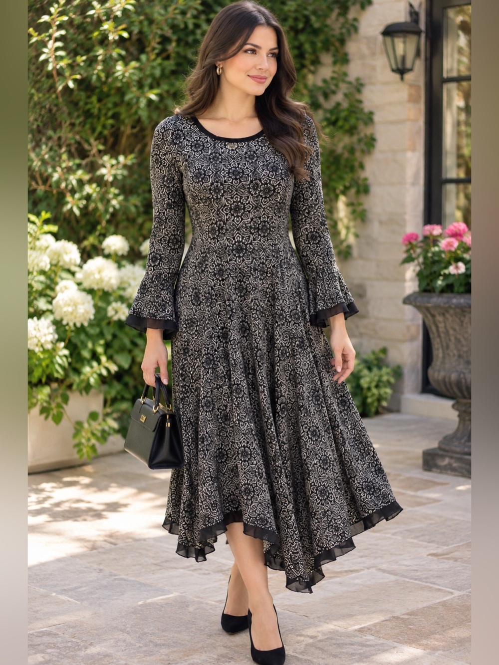 Hem & Thread Black and Cream Printed Long-Sleeve Fit-and-Flare Dress